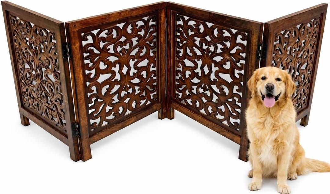 Free Standing Dog Gate 4 Panel Foldable Wooden pet gate Indoor 72" W x 24" H, Hand-Carved Solid Wood & MDF, Portable Indoor Gate for Doorways, Halls, Stairs Fully Assembled_Antique Brown