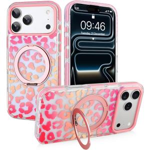 SAKUULO for iPhone 17 Pro Clear Case Colorful Leopard with Stand | with Invisible Magnetic O-Ring Stand Military-Grade Clear Case With Screen Protector[Great Grip Feeling]