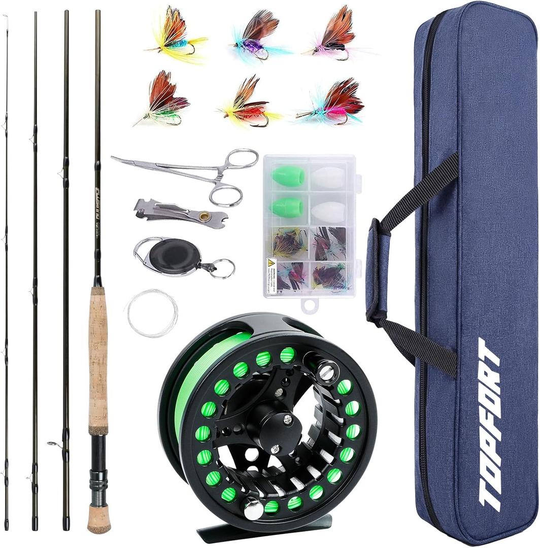 TOPFORT Fly Fishing Rod and Reel Combo Starter Kit, 4 Piece Lightweight Ultra-Portable Graphite Fly Rod Complete Starter Package with Carrier Bag