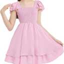 EXARUS Girls Dresses Teen Halter/Puff Sleeve/Spaghetti Strap Smocked Floral Summer Casual Dress 10Y
