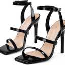 Elisabet Tang Womens Crystal Stilettos Heeled Sandals, 4 Inch Square Open Toe Strappy Sexy High Heels Ankle Strap Buckle Heels for Party Wedding Dress Daily Wear Shoes (Black)