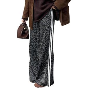 SHENHE Women's Cheetah Print Wide Leg Baggy Pants Y2k Side Loose Streetwear Trousers (X-Large, Dark Grey)