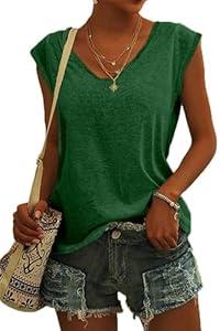 SOUWINEMYI Womens Cap Sleeve T Shirts V Neck Casual Tops Oversized T-Shirt Summer Trendy Lightweight Loose Fit Basic Tees (Green, M)
