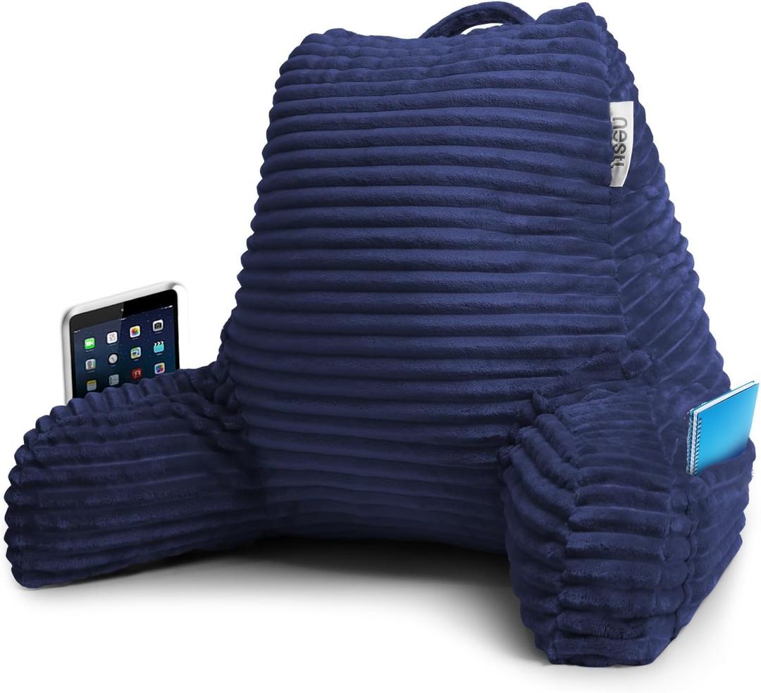 Nestl Reading Pillow for Bed Adult  Back Pillow for Sitting in Bed, Standard Plush Bed Pillows for Sitting Up in Bed, Shredded Memory Foam Bed Chair Pillow with Arms and Pockets, Navy Bed Rest Pillow (05- Navy Blue)