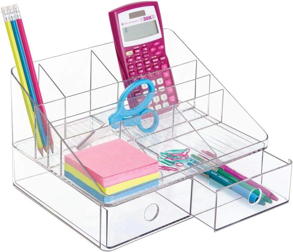 iDesign Linus Plastic Tiered Divided Desk Organizer with Drawers for Storage of Office and School Supplies, Makeup, Accessories on Vanity, Countertop, or Cabinet, 7.5" x 10" x 6.5" - Clear