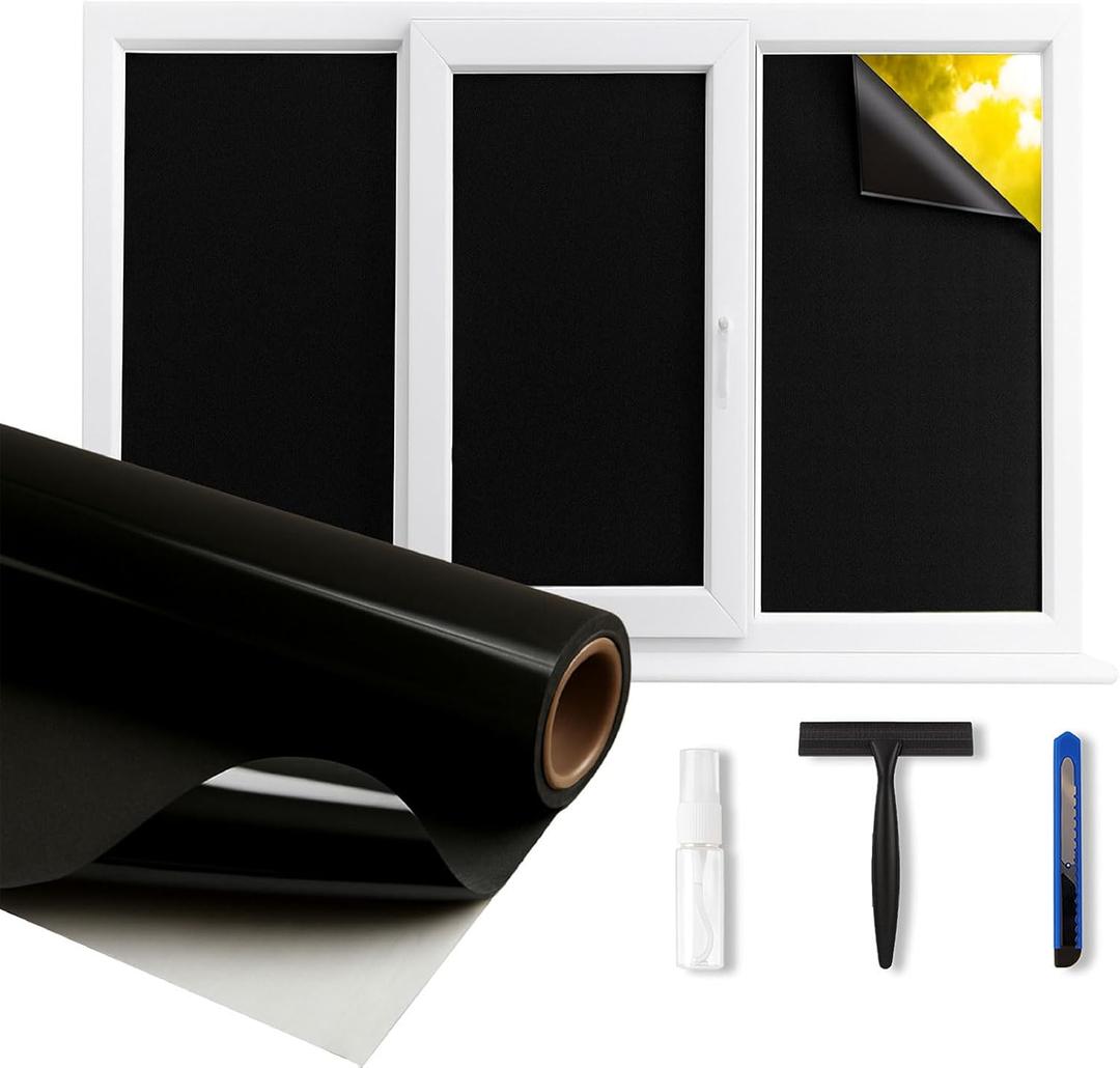 XNXA Total Blackout Window Privacy Film, 23.6 x 157.4 Inch Static Cling Self-Adhesive Glass Tinting Film with Installation Tools, UV Blocking Heat Control, Light Blocking for Windows (Black Frosted)