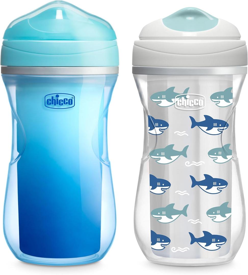 Chicco Insulated Sippy Cup 12+ Months, 9oz Toddler Training Cup with Bite-Resistant No-Spill Rim Spout, Double-Wall, BPA-Free, 2-Pack, Blue/Sharks