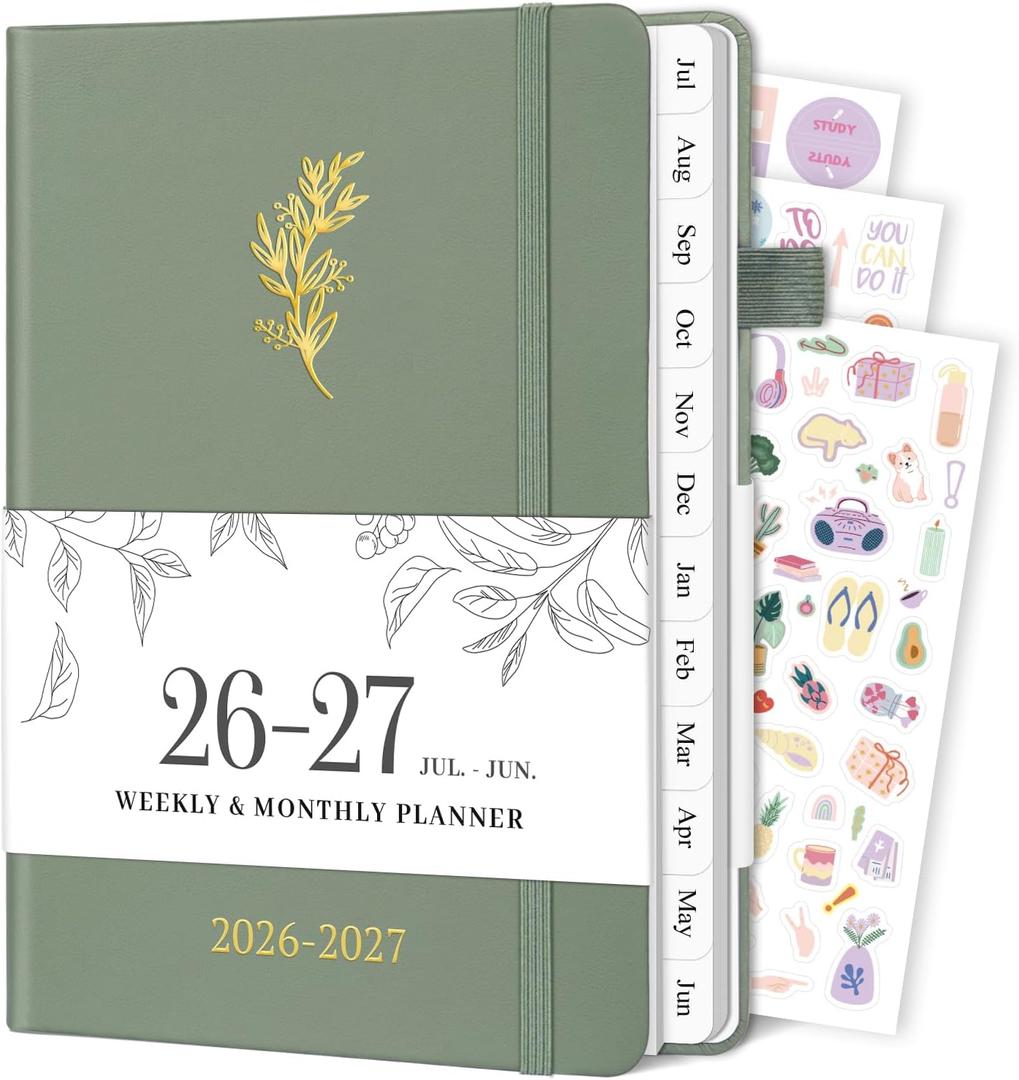 Planner 2026-2027, Weekly and Monthly Planner with Tabs from Jan 2026 - Dec 2026, A5 Hardcover Academic Calendar with Date for School & Office Schedule, 5.8" x 8.3", Sage Green