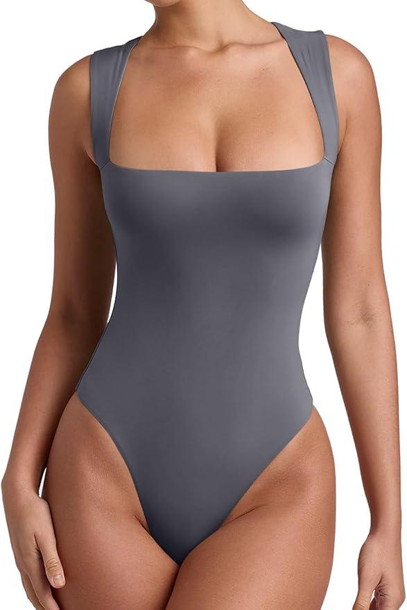 REORIA Butsmooth® Women’s Sexy Sleeveless Square Neck Double Lined Basic Bodysuit Tank Tops
 Small