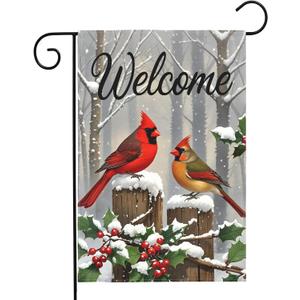 Christmas Cardinal Bird Garden Flag 12x18 Inch Welcome Winter Leaves Red Holly Yard Flags for Outside Holiday Theme Decor Seasonal Outdoor Farmhouse Porch New Year Decoration