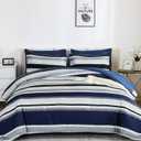 WONGS BEDDING Comforter California King Size, Navy Blue Striped Cal King Comforter Set, 7 Pieces Bed in a Bag Soft Bedding Set with Comforter, Flat Sheet, Fitted Sheet, Pillow Shams, Pillowcase