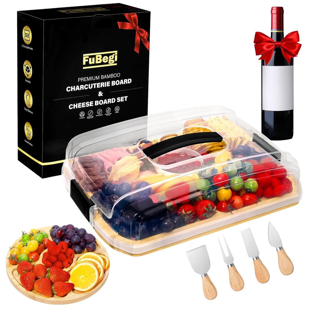 Travel Charcuterie Board with Lid, Portable Cheese Charcuterie Board with Cover Accessories Gift Set, Covered Bamboo Traveling Charcuterie Board Box Serving Tray To Go 6 Compartments for Party Beach