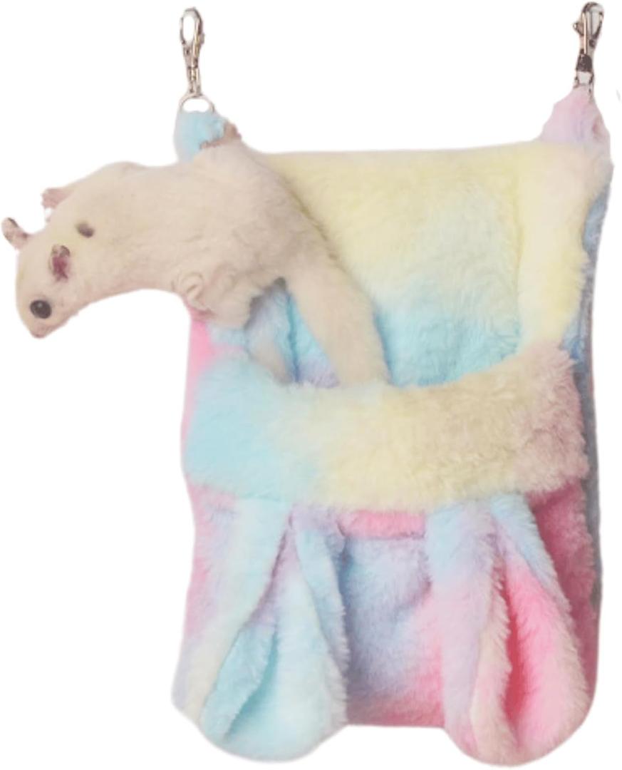Rainbow Thick Velvet Ferret Sugar Gliders Hammock Pouch Sack Swing Hanging Bed for Rat Guinea Pig Squirrel and Other Small Animal (Colorful-Pink)