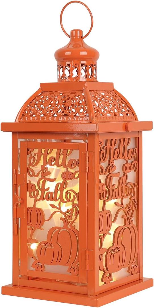 NEEDOMO Fall Decorations for Home, Orange Decorative Candle Lantern for Tabletop Mantel Decor, Vintage Metal Lantern Candle Holders for Indoor Outdoor Decor, Halloween, Thanksgiving, Fall