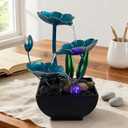AOZITA Tabletop Fountain, Indoor Waterfall Fountain, Small Home Décor Zen Relaxation Soothing Sound Machine for Office, Living Room, or Bedroom,Blue Metal Lotus with Bud, River Rocks, LED