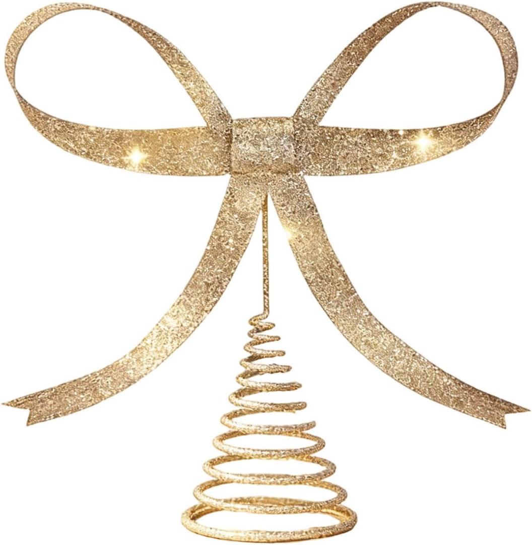 Glitter Metal Bow Tree Topper, Gold Color Festive Design, Spiral Base Holiday Decoration, Versatile Accessory for Easter Home Party Display (Gold1)