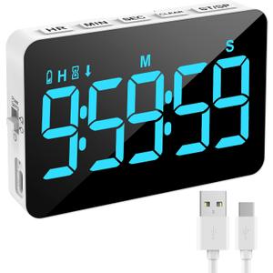 Rechargeable Digital Kitchen Timer for Cooking, Magnetic Timers with Countdown/up, Kids Timer with 5LED Display 3 Brightness 4 Volume Adjustable for Classroom/Office/Home/Work/Fitness/GameBlue