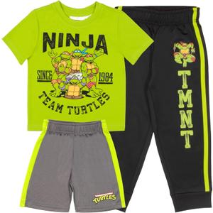 Nickelodeon Teenage Mutant Ninja Turtles Boys 3-Piece Pants Set - Short Sleeve Tee, Shorts, & Jogger TMNT 3-Pack Bundle Set (5-6, Green/Black/Grey 2)
