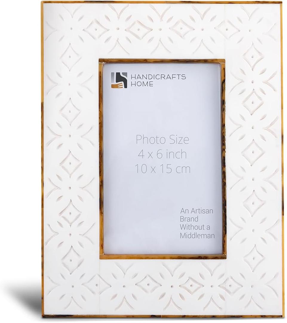 Handicrafts Home White Picture Frame – Handmade Resin Inlay & Wood 4x6 Photo Frame for Christmas Decor, Holiday Gifting, Minimalist Home Decor, Modern Farmhouse Wall Art, Boho Shelf Styling & Elegant Living Room Picture Frame, Wall & tabletop