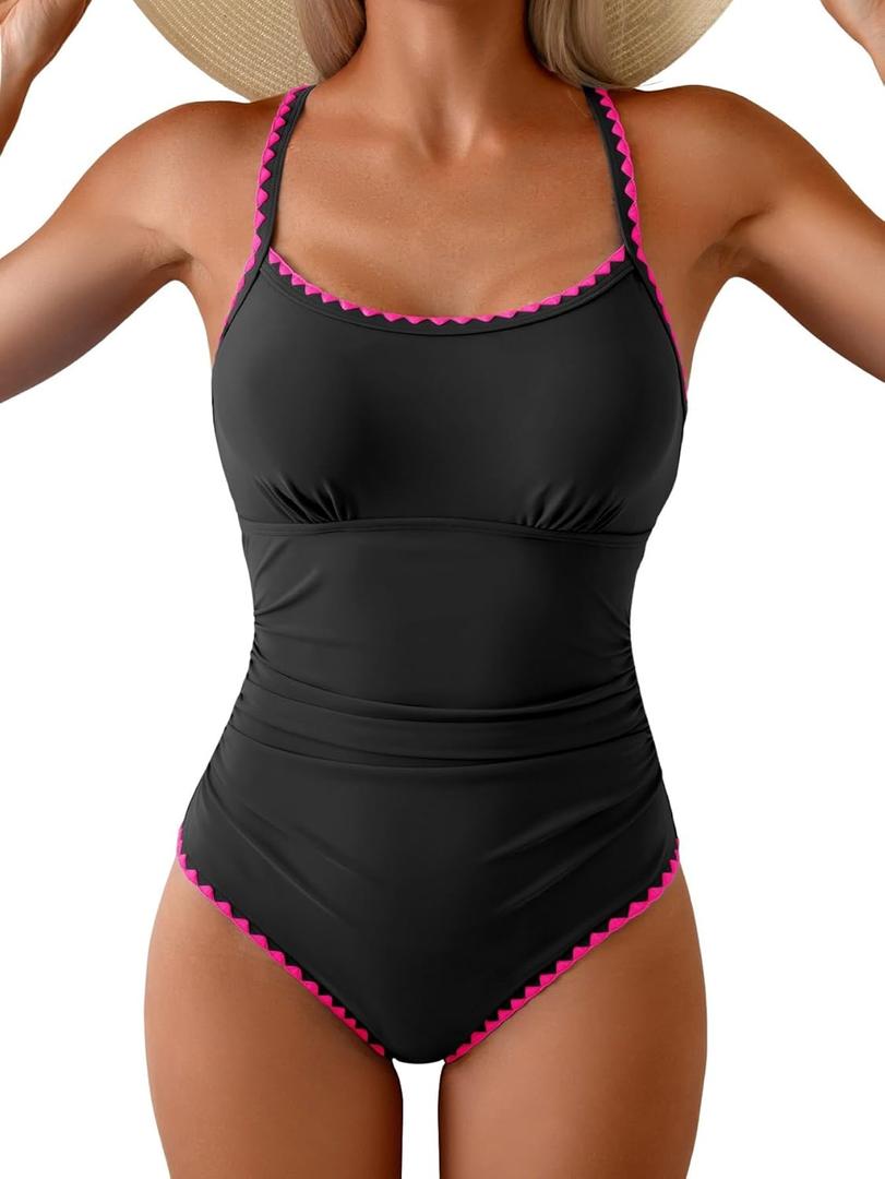 Eomenie Women's One Piece Swimsuit Tummy Control Slimming Bathing Suit Ruched Swimwear Tie Back Shell Stitch Swim Suit (X-Large, Black Pink)
