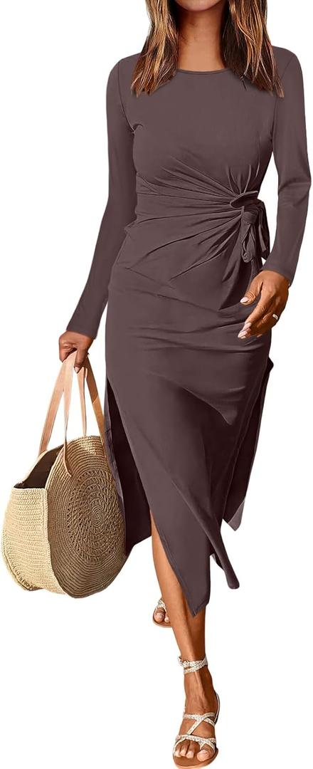ANRABESS Womens 2026 Spring Long Sleeve Maxi Dress Crewneck Tie Waist Slit Casual Long T Shirt Dresses Winter Trendy Outfits (Small, Coffee)