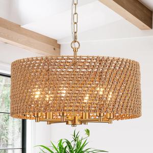 Hand-Woven Rattan Chandelier Vintage Farmhouse Boho Bamboo Golden Chandelier Light Fixture Retro Drum Wicker Gold Chandeliers for Dining Room, Kitchen Island, Living Room