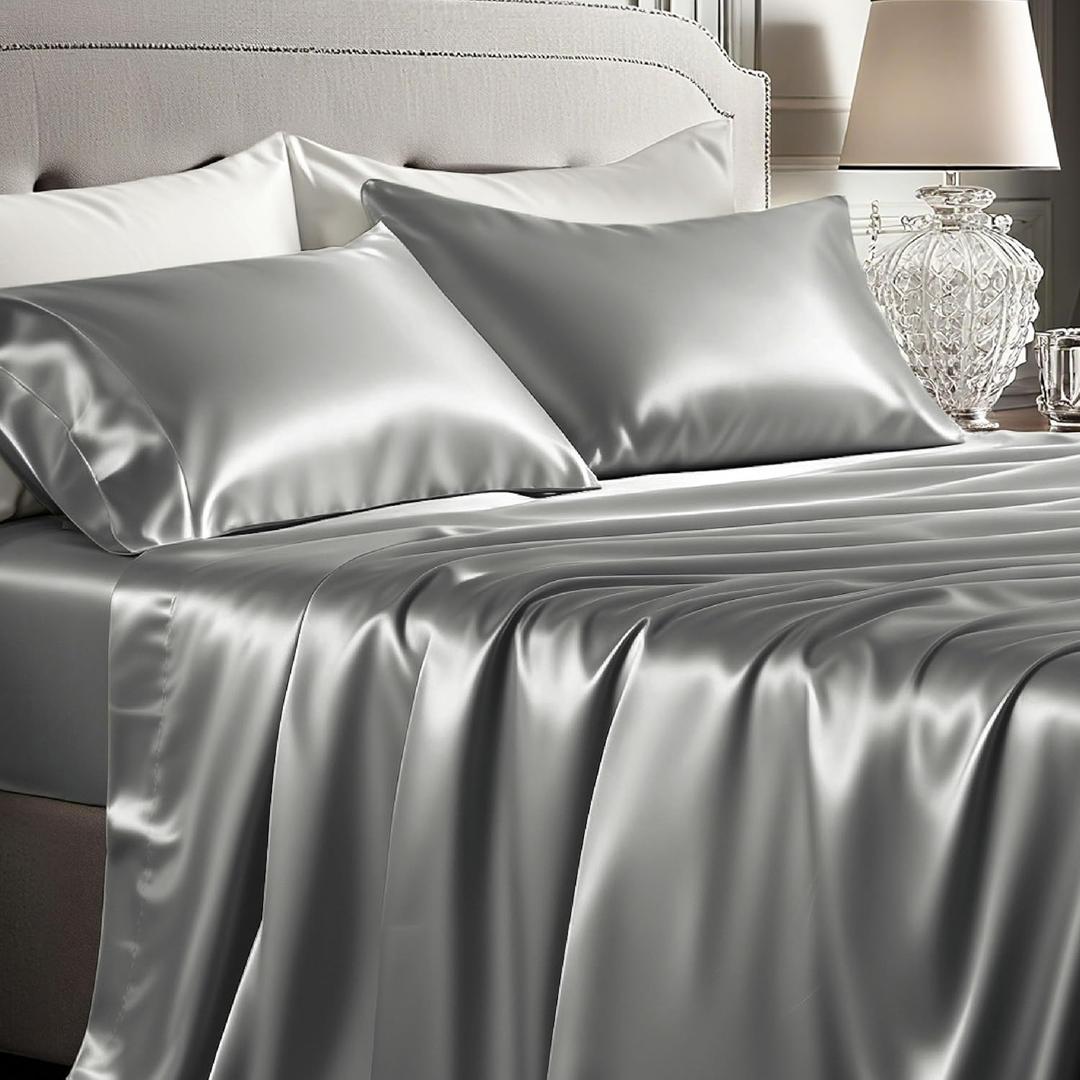 Bedsure Satin Sheets Queen Size - 4 Piece Silky Bedsheets with 15 Inches Deep Pocket Fitted Bedsheet,1 Flat Sheet, 2 Satin Pillowcases, Good for Hair & Skin (Queen, Dark Grey)