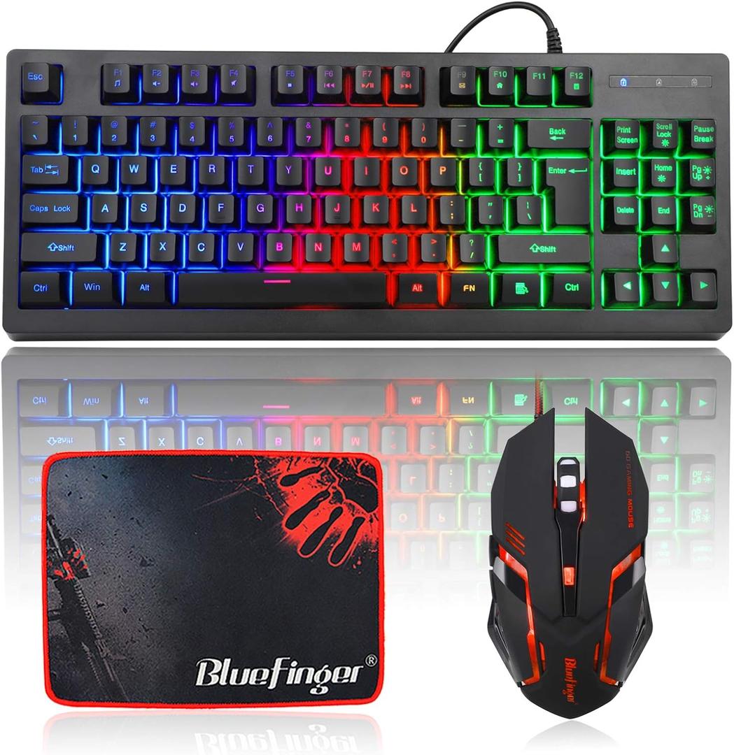 BlueFinger RGB 87 Keys Gaming Keyboard and Backlit Mouse Combo, USB Wired Rainbow Keyboard,Gaming Keyboard Set for Laptop PC Computer Game and Work (Black 01)