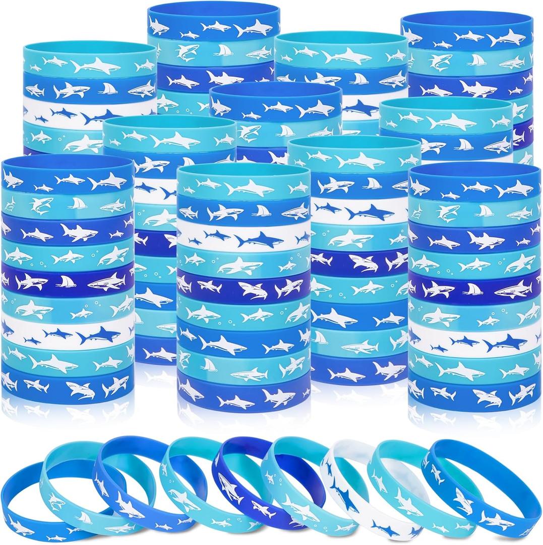 Moon Boat Shark Silicone Bracelets Bulk, Under the Sea Blue and White Ocean Rubber Wristbands Party Favors