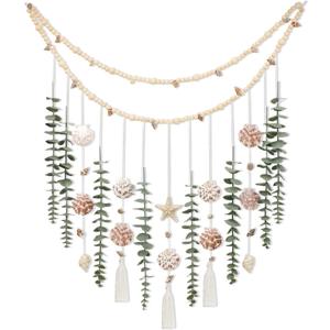 Artificial Eucalyptus Wall Decor with Seashell Coastal Decor Natural Home Decorations Hanging Wooden Bead Garland for Large Bedroom Bathroom Living Room, 32 x 32 Inch
