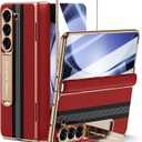 for Samsung Galaxy Z Fold 5 Phone Case [Luxury Premier Genuine Leather] [Full Body Hinge Protection] [Built-in Screen Protector] [Kickstand Slim Protective Cover] for Galaxy ZFold 5 (Red)