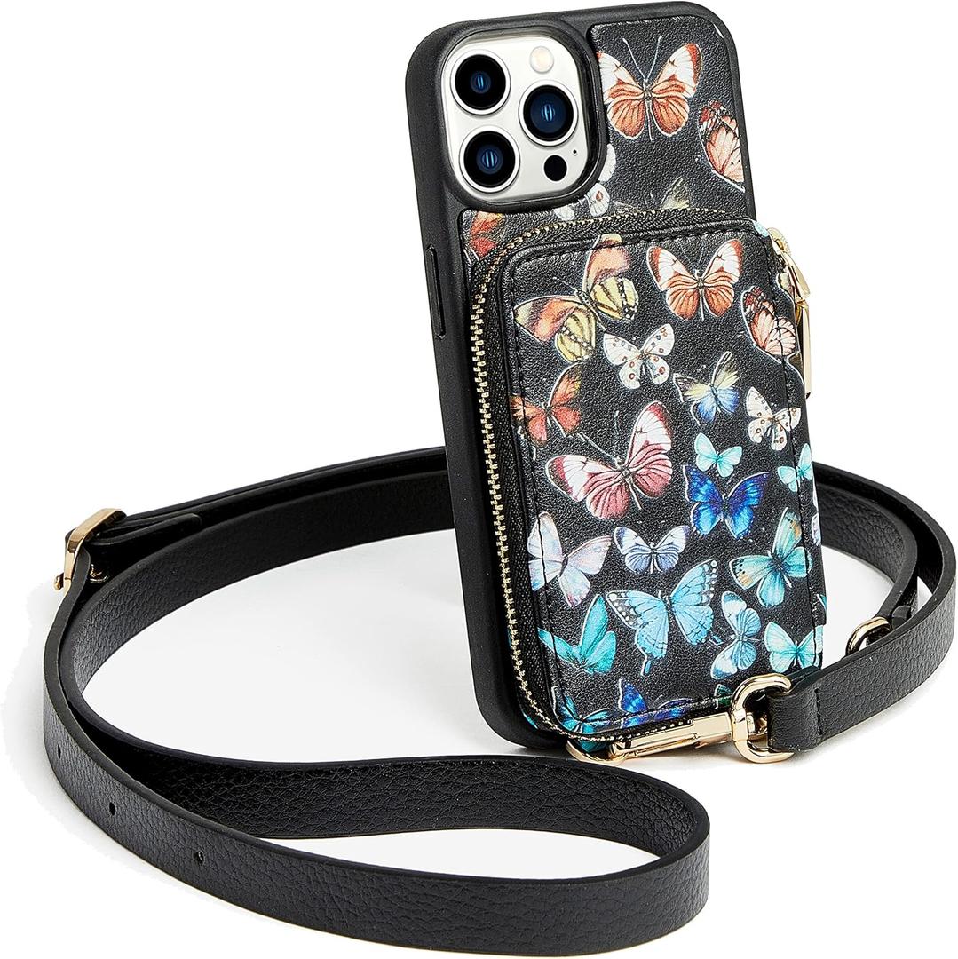 ZVE for iPhone 13 Pro Max Crossbody Case Butterfly Design(6.7 inch), Zipper Phone Case with RFID Blocking Card Holder Wrist Strap Purse Cover for iPhone 13 Pro Max, 6.7"-Colorful Butterfly