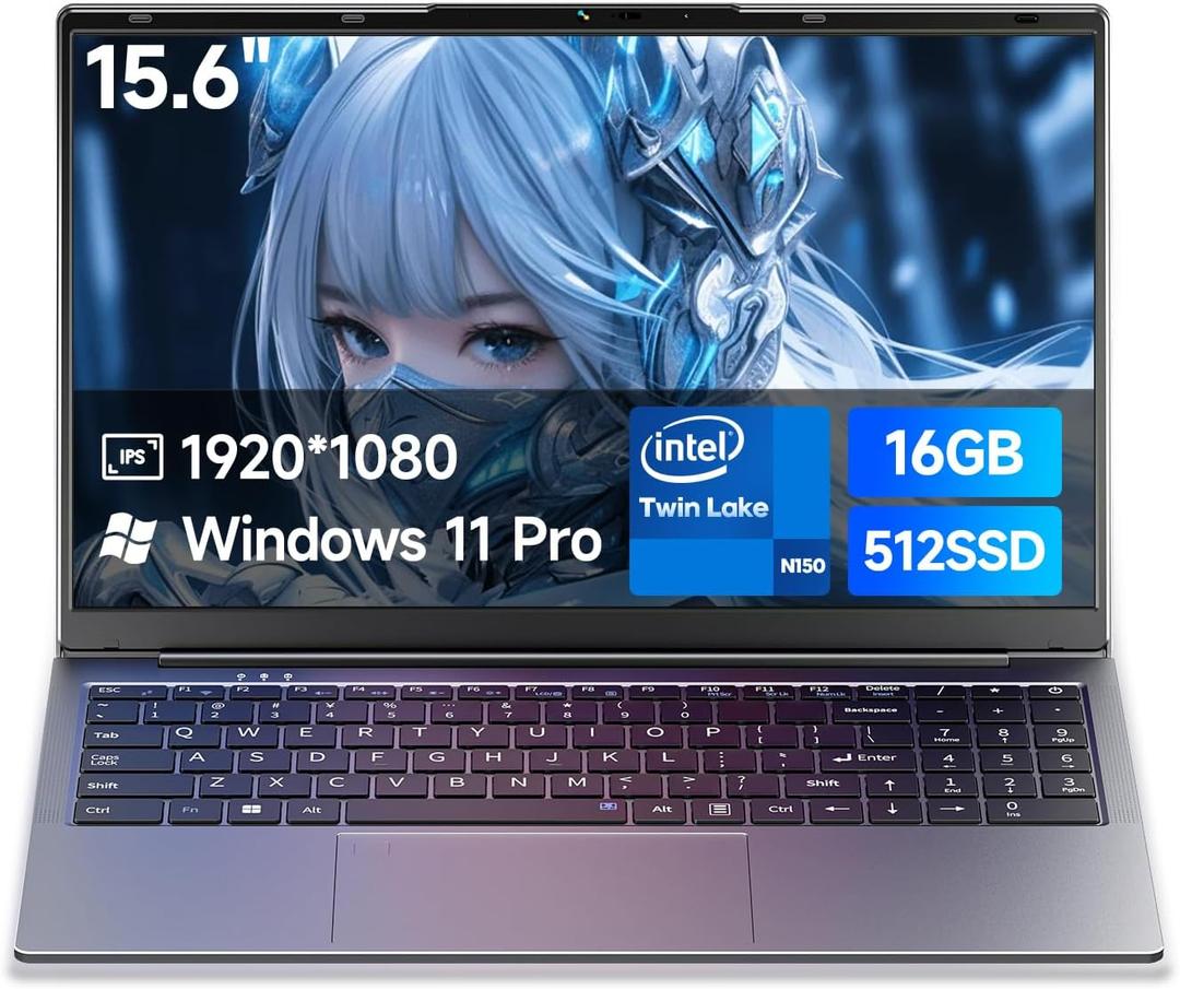 15.6" Laptop Computer Notebook, 2025 Traditional Laptop Computers with 16GB RAM 512GB SSD, Intel N150 Processor, Win 11 Pro, FHD 1080P, 180 Degree Angle, Lap top for Student Business Work