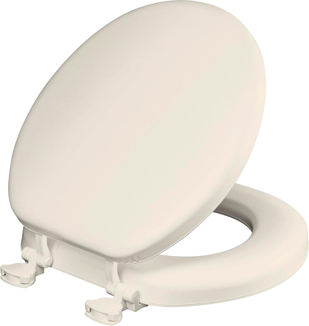 Mayfair Padded Toilet Seat, Cushioned Soft Vinyl over Wood Core Seat, Secure Hinges, Easy Clean, Made in USA, Round, Biscuit
