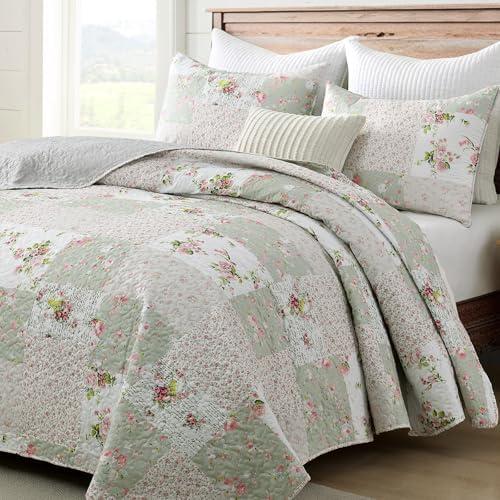 HIARUO Quilt Set Queen Size 3 Pieces Floral Patchwork Comforter Bedspread Boho Plaid Coverlet Reversible Lightweight Farmhouse Bedding with 2 Pillow Covers Shams for All Season, Green Pink