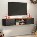 Floating TV Stand with Doors, 63'' Farmhouse Floating TV Shelf for TVs up to 80 Inch, 2 Tier Wall Mounted TV Stand, Floating Entertainment Center, TV Floating Cabinet for Living Room, Bedroom, Black