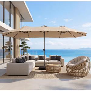 Bigroof 15ft Patio Umbrella with Base, Large Outdoor Double-Sided Market Umbrella with Terylene Polyester Fabric and Crank for Poolside Garden Deck Backyard Beach Pools, Beige