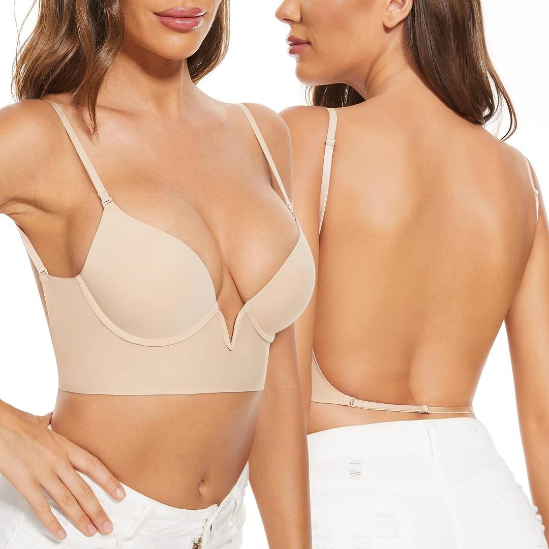 Low Back Bras-Seamless Deep-V Plunge Invisible Backless Bra-Underwire Lightly Lined Multiway Halter Bra Low Cut Bra (Beige), 38B
