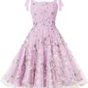 IMEKIS Women Square Neck Tie Strap Tulle Prom Dress Vintage Embroidered Floral Formal Evening Party Cocktail Dress (Medium, Lilac)