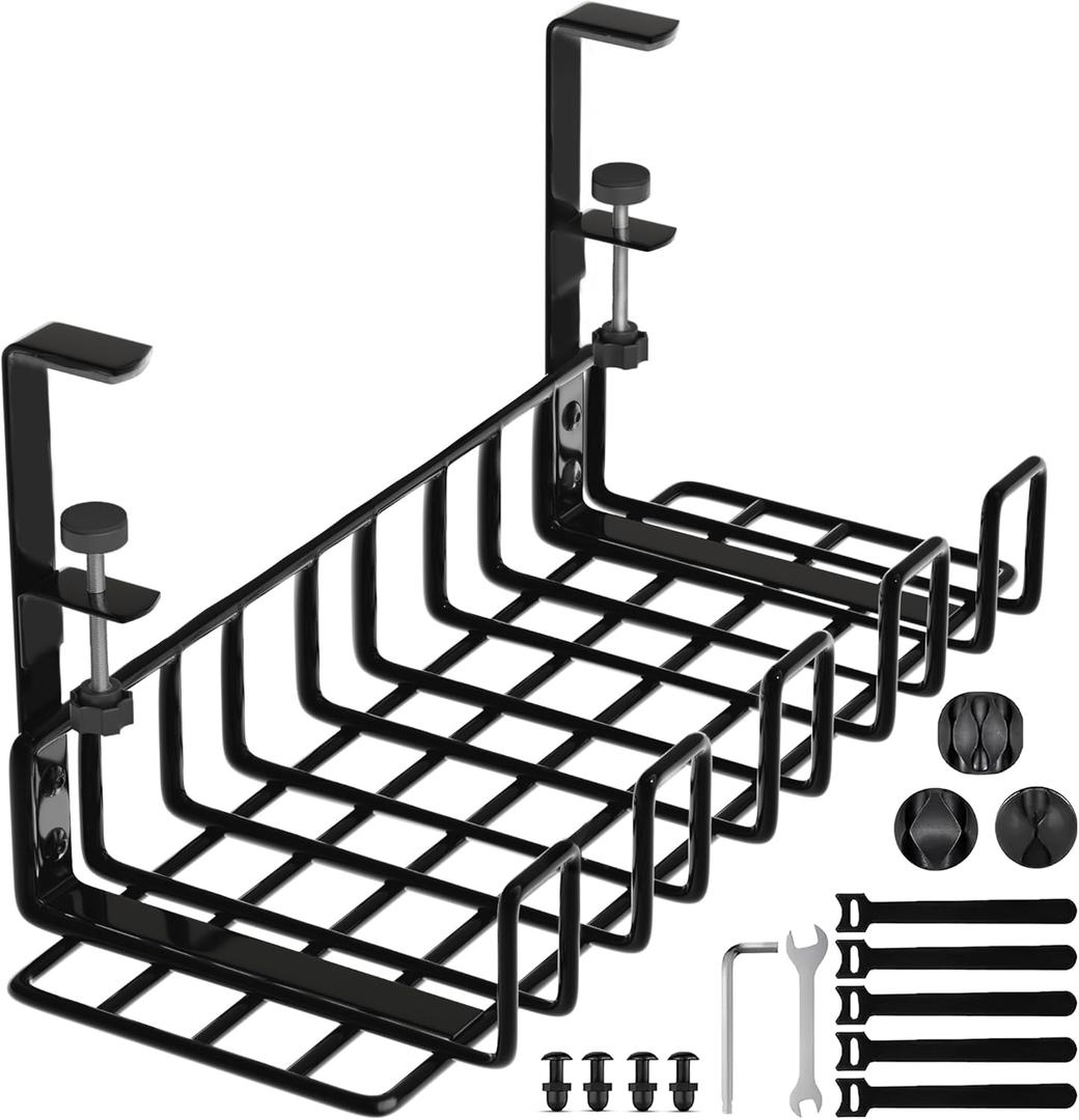 Under Desk Cable Management Tray, 16 No Drill Cord Organizer with Clamps for Wire Management, 4mm Sturdy Wire Desk Cable Organizer Tray, Cable Management Rack for Office