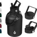 BJPKPK Insulated Water Bottles with Straw Lid, 50oz Large Water Jug, Stainless Steel Vacuum Bottles, Hot & Cold Thermo with 3 Lids and Paracord Handle, Black