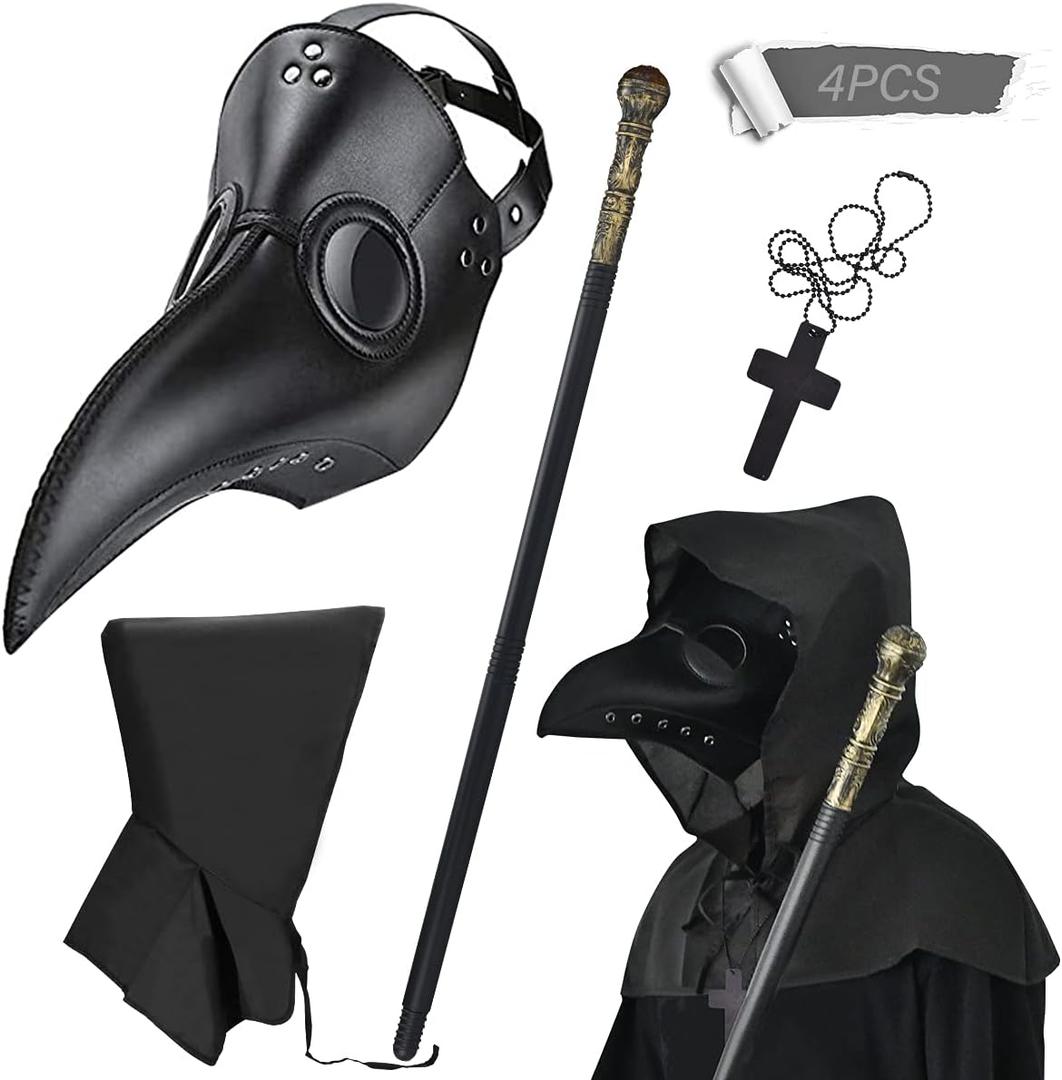Plague Bird Doctor Mask PU Leather Long Nose Beak Mask with Cloak Crucifixion Necklace Scepter Scary Halloween Mask
