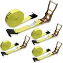 Ratchet Straps Heavy Duty 4 Pack 2" x 30', Ratchet Tie Down Strap with Flat Hook, 10,000 Lbs Break Strength, Cargo Straps Ratcheting for Truck Flatbed Trailer, Yellow