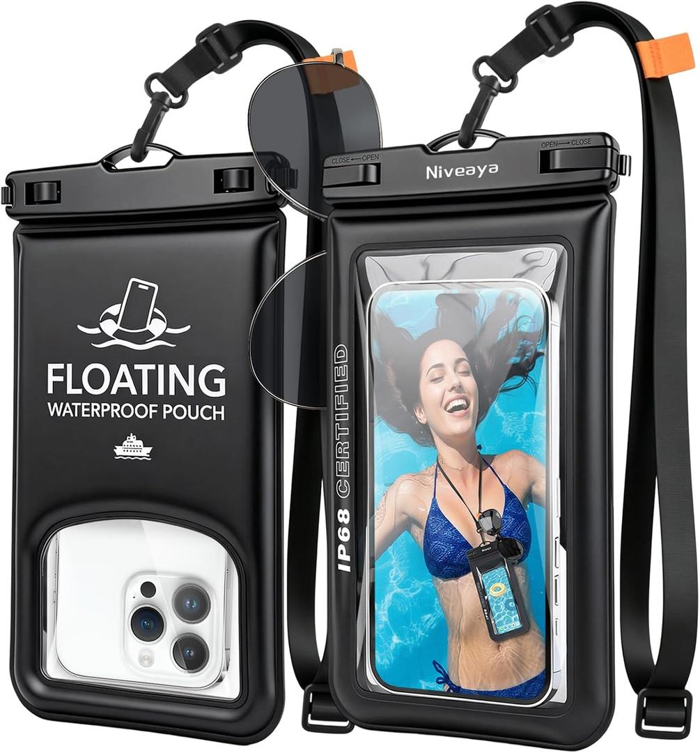 Niveaya 2 Pack Floating Waterproof Phone Pouch, IP68 Waterproof Phone Case with Lanyard for iPhone 17 16 15 Pro Max, Touchscreen & Photography, Cellphone Dry Bag Beach Cruise Essentials(up to 8.5")