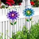 Metal Flowers for Outside, 2 Pack 25'' Flower Decorative Garden Stakes for Spring Yard Decor, Flower Yard Art for Porch Fence Landscape Pot Patio Decor (Purple & Blue)