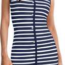 UEU Women's Summer Striped Sleeveless Sweater Mini Dress V Neck Elegant Bodycon Knit Dress Button Work Short Dresses (X-Large)