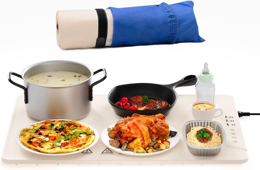Food Warming Mat, 24x16 Inch Silicone Warming Tray with 3 Temperature Setting, UL Listed Dishwash Safe Foods Heating Pad with Timer, Rollable Food Warmer for Home, Buffet, Parties, Gatherings, Khaki
