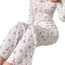 SweatyRocks Women's Floral Pajama Set Ruched Long Sleeve Top and Pants Pjs Set Sleepwear Loungewear (White, XL)