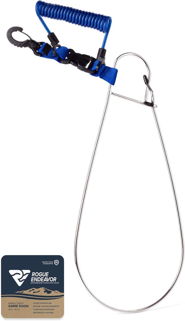 Rogue Endeavor Fish Stringer Clip, Large, Stainless Construction, Quick Release 36 Steel Core Lanyard, Designed for Spearfishing, Kayak Fishing & Scuba Diving and All Fish Types (Blue- Heavy Duty)