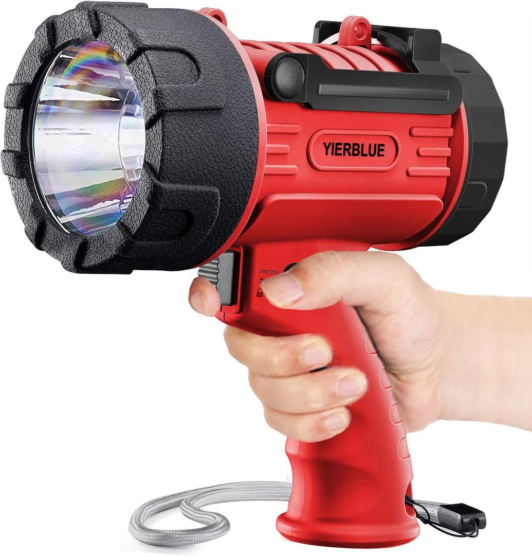 YIERBLUE Rechargeable Spotlight Flashlight with 2000,000 High Lumen LED, IP67 Waterproof Long Running Spot Light searchlight, Impact Resistant Handheld Spotlight with Foldable Stand and Red Lens
